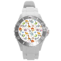 Children Seamless Wallpaper With Cute Funny Baby Savanna Animals Round Plastic Sport Watch (l)