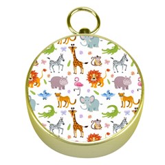 Children Seamless Wallpaper With Cute Funny Baby Savanna Animals Gold Compasses by Vaneshart