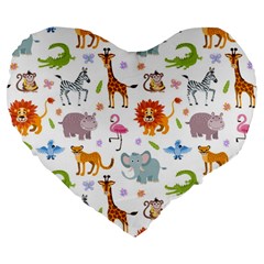 Children Seamless Wallpaper With Cute Funny Baby Savanna Animals Large 19  Premium Flano Heart Shape Cushions by Vaneshart