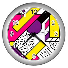 Memphis Colorful Background With Stroke Wall Clock (silver) by Vaneshart