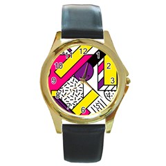 Memphis Colorful Background With Stroke Round Gold Metal Watch by Vaneshart