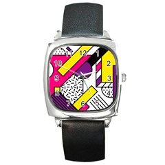 Memphis Colorful Background With Stroke Square Metal Watch by Vaneshart