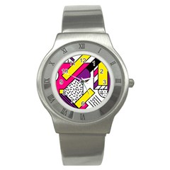 Memphis Colorful Background With Stroke Stainless Steel Watch by Vaneshart