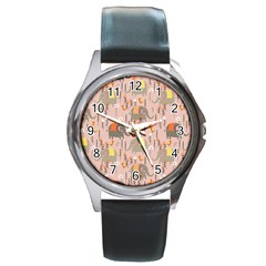 Cute Elephant Wild Flower Field Seamless Pattern Round Metal Watch by Vaneshart