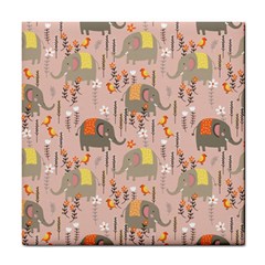 Cute Elephant Wild Flower Field Seamless Pattern Tile Coaster by Vaneshart