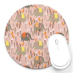 Cute Elephant Wild Flower Field Seamless Pattern Round Mousepads by Vaneshart