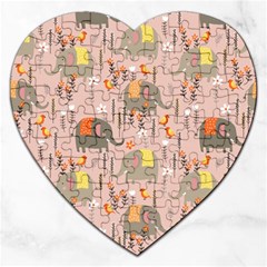 Cute Elephant Wild Flower Field Seamless Pattern Jigsaw Puzzle (heart) by Vaneshart