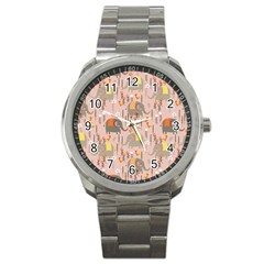 Cute Elephant Wild Flower Field Seamless Pattern Sport Metal Watch by Vaneshart