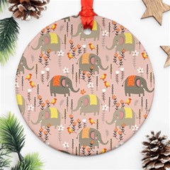 Cute Elephant Wild Flower Field Seamless Pattern Round Ornament (two Sides) by Vaneshart