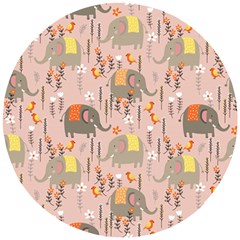 Cute Elephant Wild Flower Field Seamless Pattern Wooden Puzzle Round