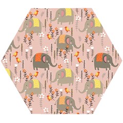 Cute Elephant Wild Flower Field Seamless Pattern Wooden Puzzle Hexagon