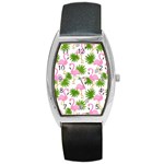 Seamless Pattern With Cute Flamingos Barrel Style Metal Watch Front