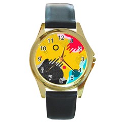 Abstract Colorful Pattern Shape Design Background Round Gold Metal Watch