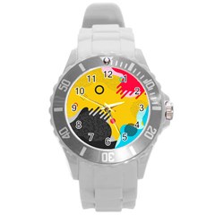 Abstract Colorful Pattern Shape Design Background Round Plastic Sport Watch (L)