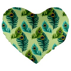 Peacock Feather Pattern Large 19  Premium Heart Shape Cushions by Vaneshart