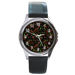 Seamless Pattern Kwanzaa With Traditional Colored Candles Round Metal Watch by Vaneshart