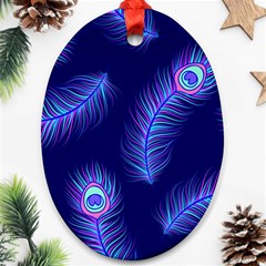 Seamless Pattern With Colorful Peacock Feathers Dark Blue Background Ornament (oval) by Vaneshart