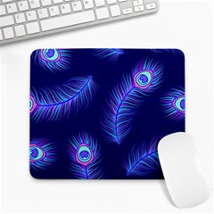 Seamless Pattern With Colorful Peacock Feathers Dark Blue Background Large Mousepads by Vaneshart