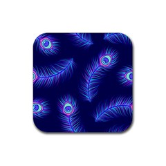 Seamless Pattern With Colorful Peacock Feathers Dark Blue Background Rubber Coaster (square)  by Vaneshart