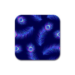 Seamless Pattern With Colorful Peacock Feathers Dark Blue Background Rubber Square Coaster (4 Pack)  by Vaneshart