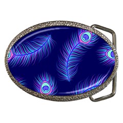 Seamless Pattern With Colorful Peacock Feathers Dark Blue Background Belt Buckles by Vaneshart