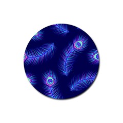 Seamless Pattern With Colorful Peacock Feathers Dark Blue Background Rubber Coaster (round)  by Vaneshart