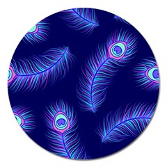 Seamless Pattern With Colorful Peacock Feathers Dark Blue Background Magnet 5  (round) by Vaneshart