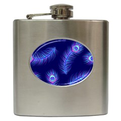 Seamless Pattern With Colorful Peacock Feathers Dark Blue Background Hip Flask (6 Oz) by Vaneshart