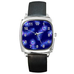 Seamless Pattern With Colorful Peacock Feathers Dark Blue Background Square Metal Watch by Vaneshart