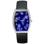 Seamless Pattern With Colorful Peacock Feathers Dark Blue Background Barrel Style Metal Watch Front