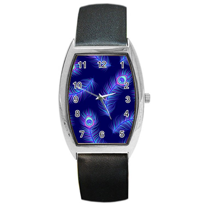 Seamless Pattern With Colorful Peacock Feathers Dark Blue Background Barrel Style Metal Watch