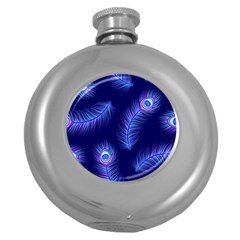 Seamless Pattern With Colorful Peacock Feathers Dark Blue Background Round Hip Flask (5 Oz) by Vaneshart