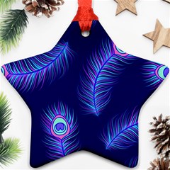 Seamless Pattern With Colorful Peacock Feathers Dark Blue Background Star Ornament (two Sides) by Vaneshart