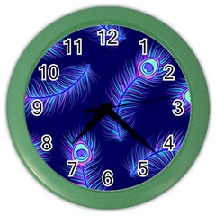 Seamless Pattern With Colorful Peacock Feathers Dark Blue Background Color Wall Clock by Vaneshart