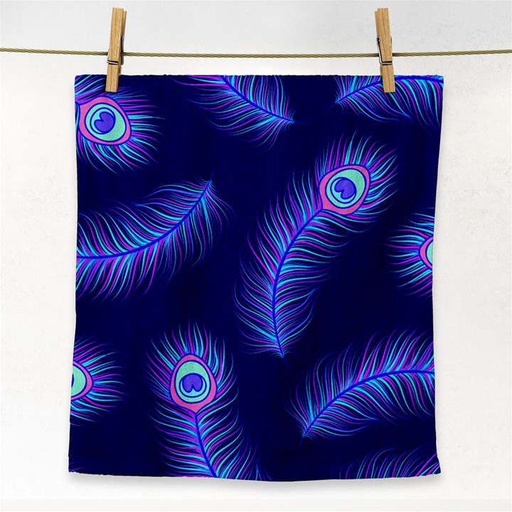 Seamless Pattern With Colorful Peacock Feathers Dark Blue Background Face Towel