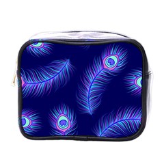 Seamless Pattern With Colorful Peacock Feathers Dark Blue Background Mini Toiletries Bag (one Side) by Vaneshart