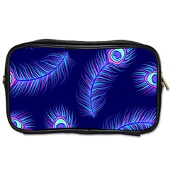 Seamless Pattern With Colorful Peacock Feathers Dark Blue Background Toiletries Bag (two Sides) by Vaneshart