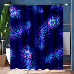 Seamless Pattern With Colorful Peacock Feathers Dark Blue Background Shower Curtain 60  X 72  (medium)  by Vaneshart