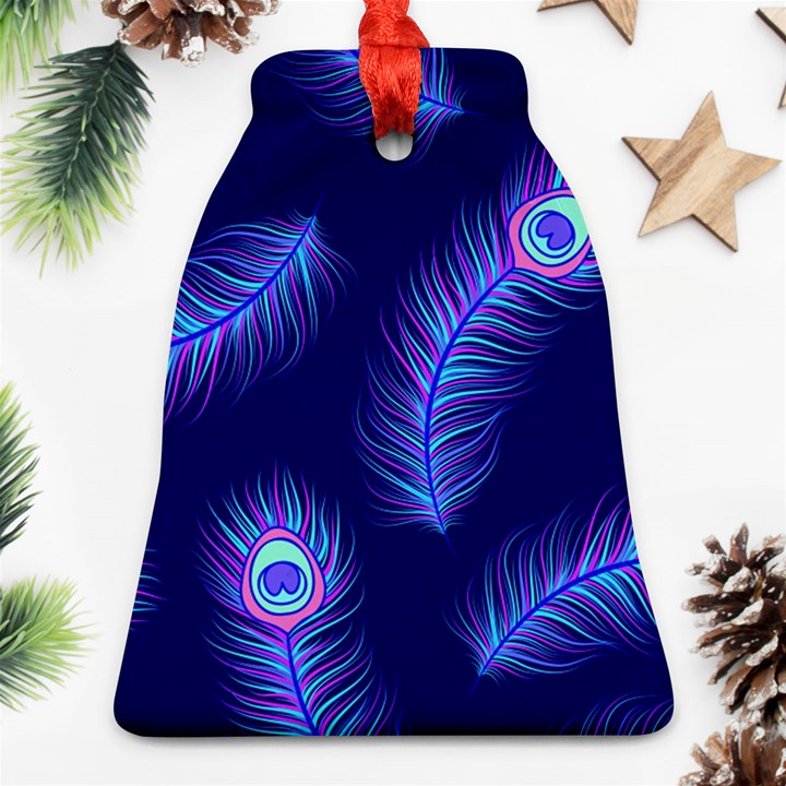 Seamless Pattern With Colorful Peacock Feathers Dark Blue Background Bell Ornament (Two Sides)