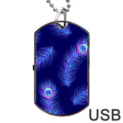 Seamless Pattern With Colorful Peacock Feathers Dark Blue Background Dog Tag Usb Flash (one Side) by Vaneshart