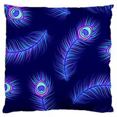 Seamless Pattern With Colorful Peacock Feathers Dark Blue Background Large Cushion Case (one Side)