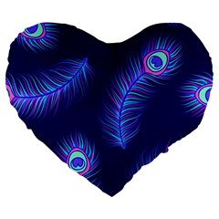 Seamless Pattern With Colorful Peacock Feathers Dark Blue Background Large 19  Premium Heart Shape Cushions by Vaneshart