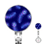 Seamless Pattern With Colorful Peacock Feathers Dark Blue Background Stainless Steel Nurses Watch Front