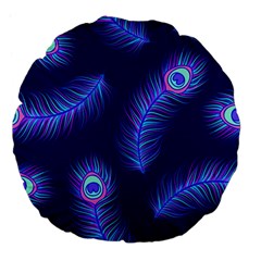 Seamless Pattern With Colorful Peacock Feathers Dark Blue Background Large 18  Premium Flano Round Cushions by Vaneshart