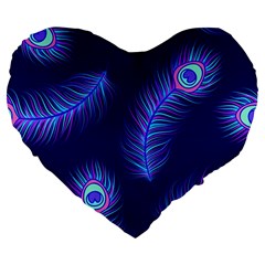 Seamless Pattern With Colorful Peacock Feathers Dark Blue Background Large 19  Premium Flano Heart Shape Cushions by Vaneshart