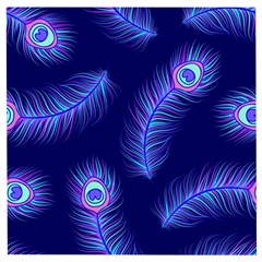 Seamless Pattern With Colorful Peacock Feathers Dark Blue Background Wooden Puzzle Square