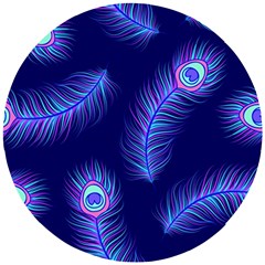 Seamless Pattern With Colorful Peacock Feathers Dark Blue Background Wooden Puzzle Round by Vaneshart