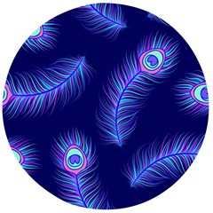 Seamless Pattern With Colorful Peacock Feathers Dark Blue Background Wooden Bottle Opener (round)