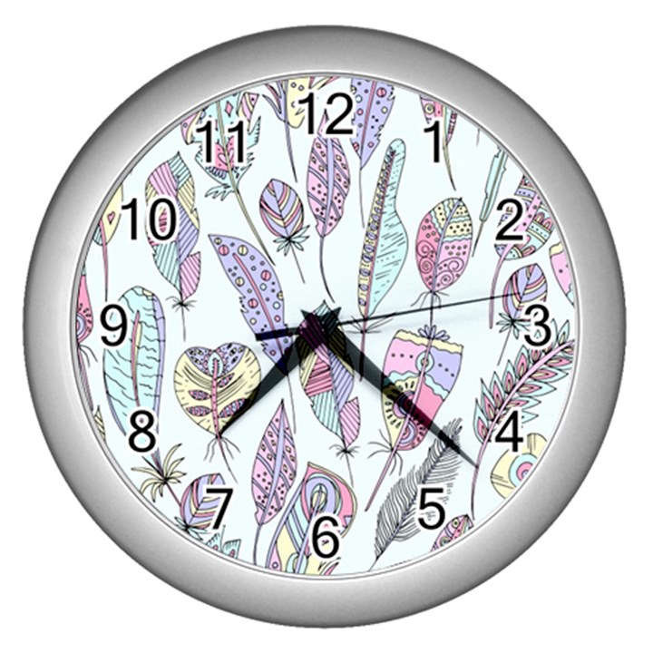 Vector Illustration Seamless Multicolored Pattern Feathers Birds Wall Clock (Silver)