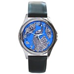 Peacock Bird Feathers Seamless Background Pattern Round Metal Watch Front